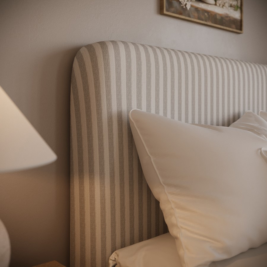 Beige Striped Upholstered Double Ottoman Bed with Curved Headboard - Farrow