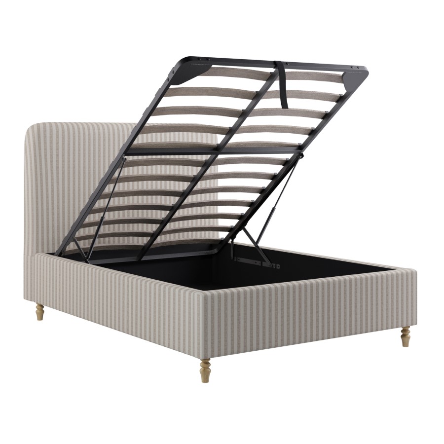 Beige Striped Upholstered Double Ottoman Bed with Curved Headboard - Farrow