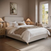 Beige Striped Upholstered King Size Ottoman Bed with Curved Headboard - Farrow