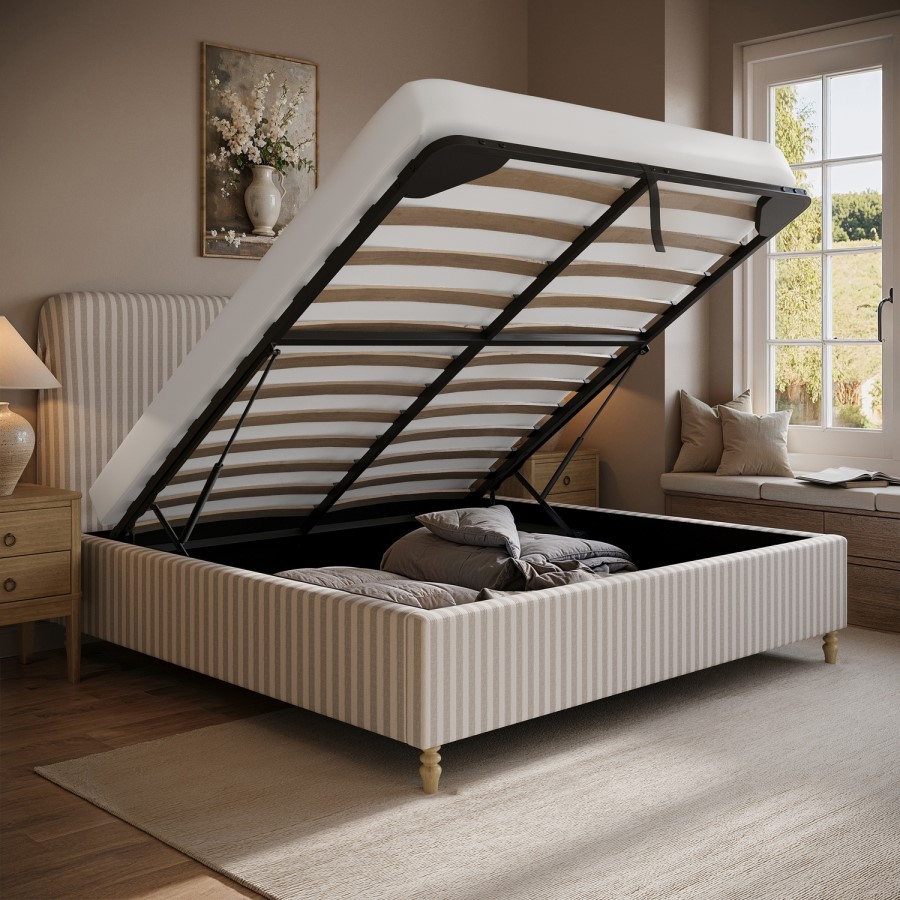 Beige Striped Upholstered Super King Ottoman Bed with Curved Headboard - Farrow