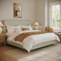 Green Striped Upholstered Super King Ottoman Bed with Curved Headboard - Farrow