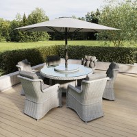 6 Seater Grey Rattan Round Garden Dining Set with Lazy Susan, Built-in Ice Bucket and Matching Parasol