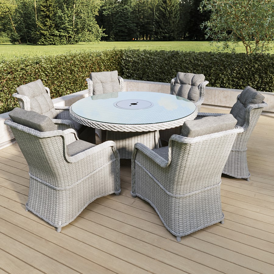6 Seater Grey Rattan Round Garden Dining Set with Lazy Susan, Built-in Ice Bucket and Matching Parasol