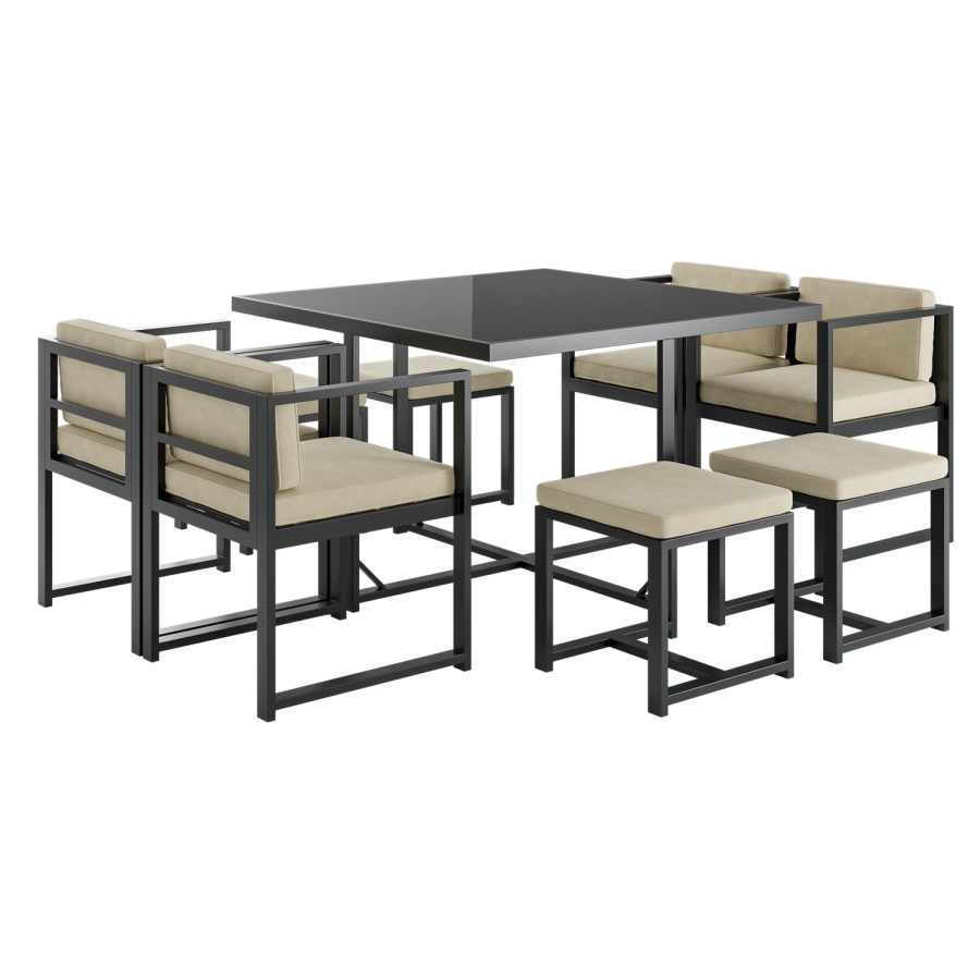 8 Seater Grey Metal Cube Garden Dining Set with Cream Chairs