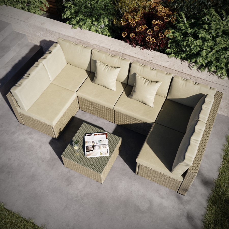 6 Seater Beige U Shaped Rattan Garden Sofa Set with Matching Coffee Table
