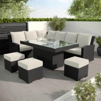 8 Seater Black Rattan Corner Garden Dining Set with Firepit Table