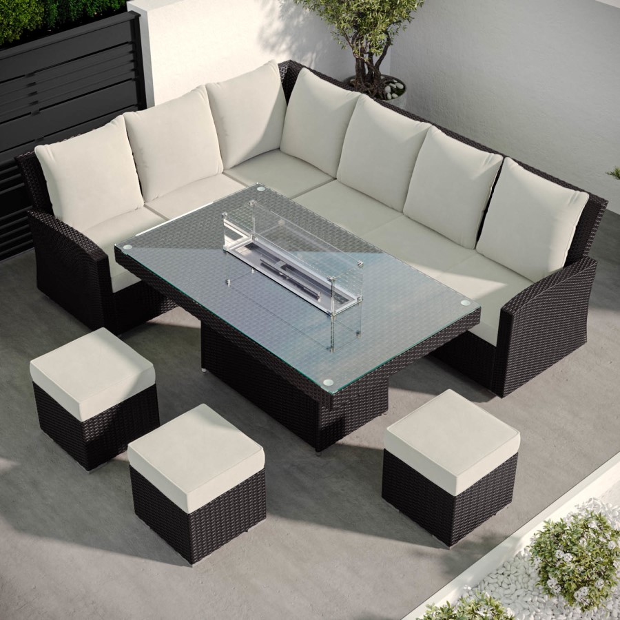 8 Seater Black Rattan Corner Garden Dining Set with Firepit Table