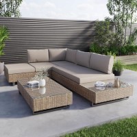 5 Seater Beige Rattan Corner Sofa Set with Reclining Sun Lounger and Coffee Table