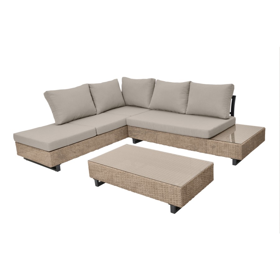 5 Seater Beige Rattan Corner Sofa Set with Reclining Sun Lounger and Coffee Table