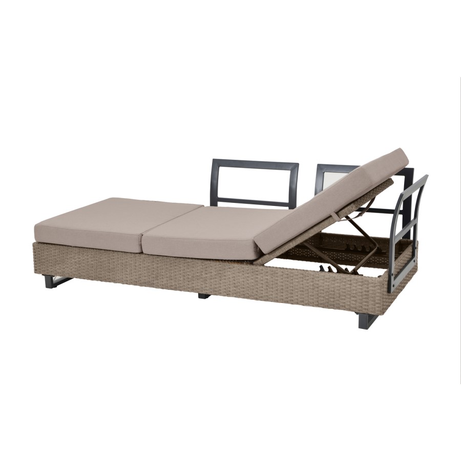 5 Seater Beige Rattan Corner Sofa Set with Reclining Sun Lounger and Coffee Table