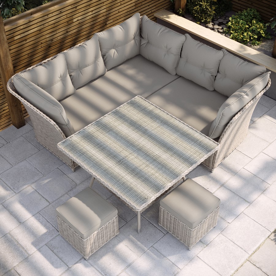 7 Seater Light Rattan Garden Corner Sofa Set with 2 Stools and Glass Table Top