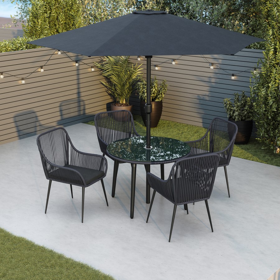 ONLY OPENED - 4 Seater Black Rope Wicker Outdoor Dining Set with Parasol