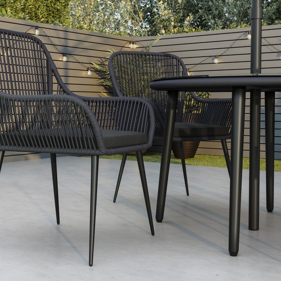 ONLY OPENED - 4 Seater Black Rope Wicker Outdoor Dining Set with Parasol