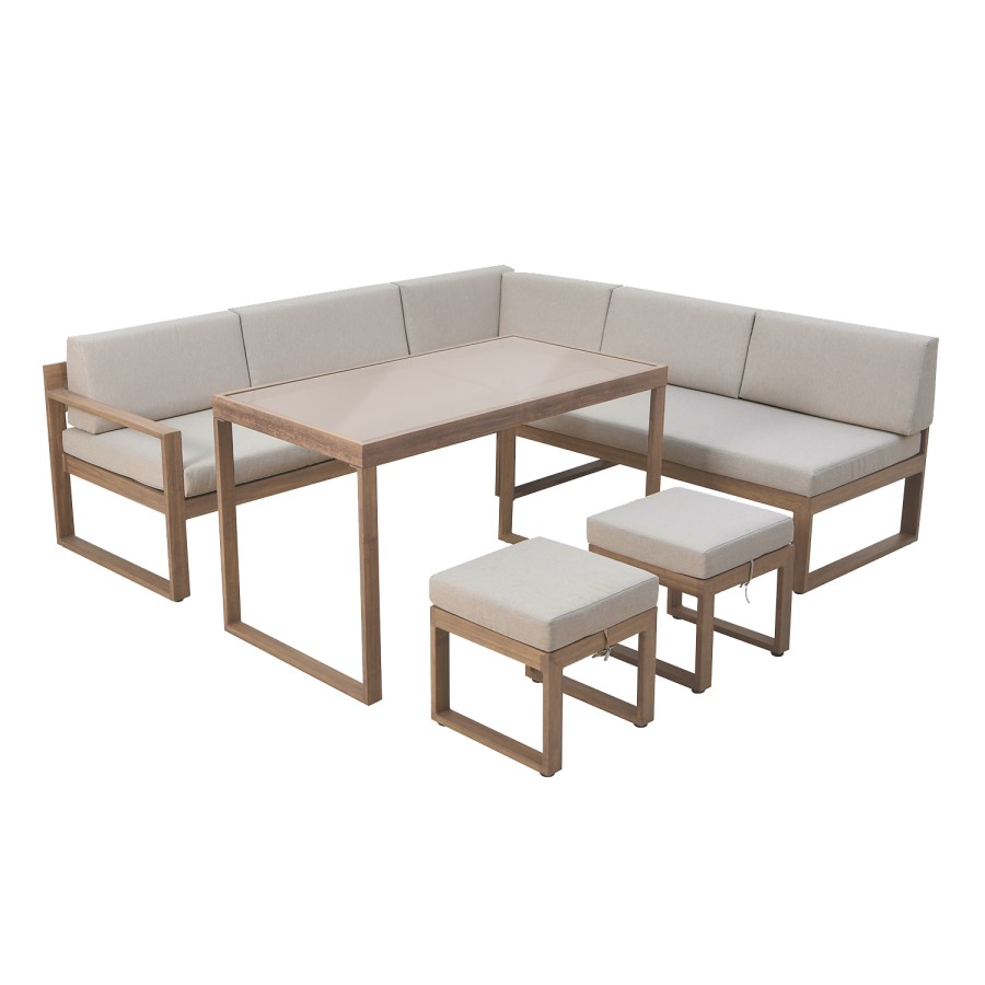7 Seater Beige Garden Corner Sofa Set with Cushioned Stools & Matching Table