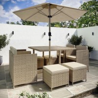 8 Seater Beige Rattan Cube Garden Dining Set with Matching Parasol
