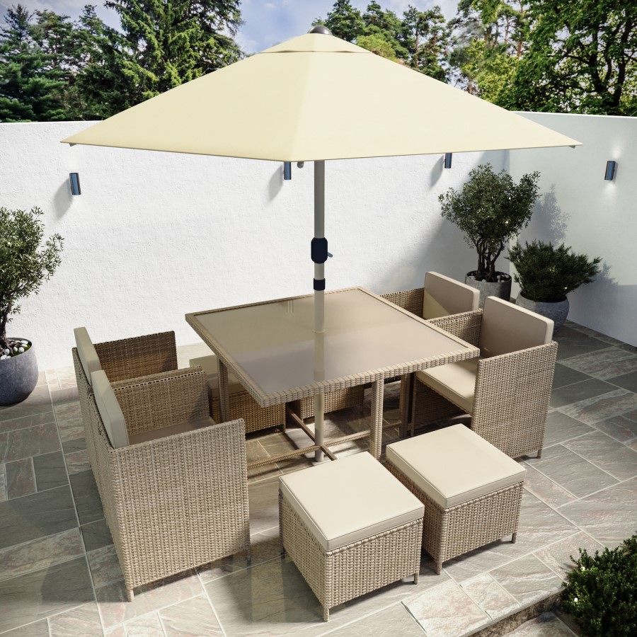 8 Seater Beige Rattan Cube Garden Dining Set with Matching Parasol