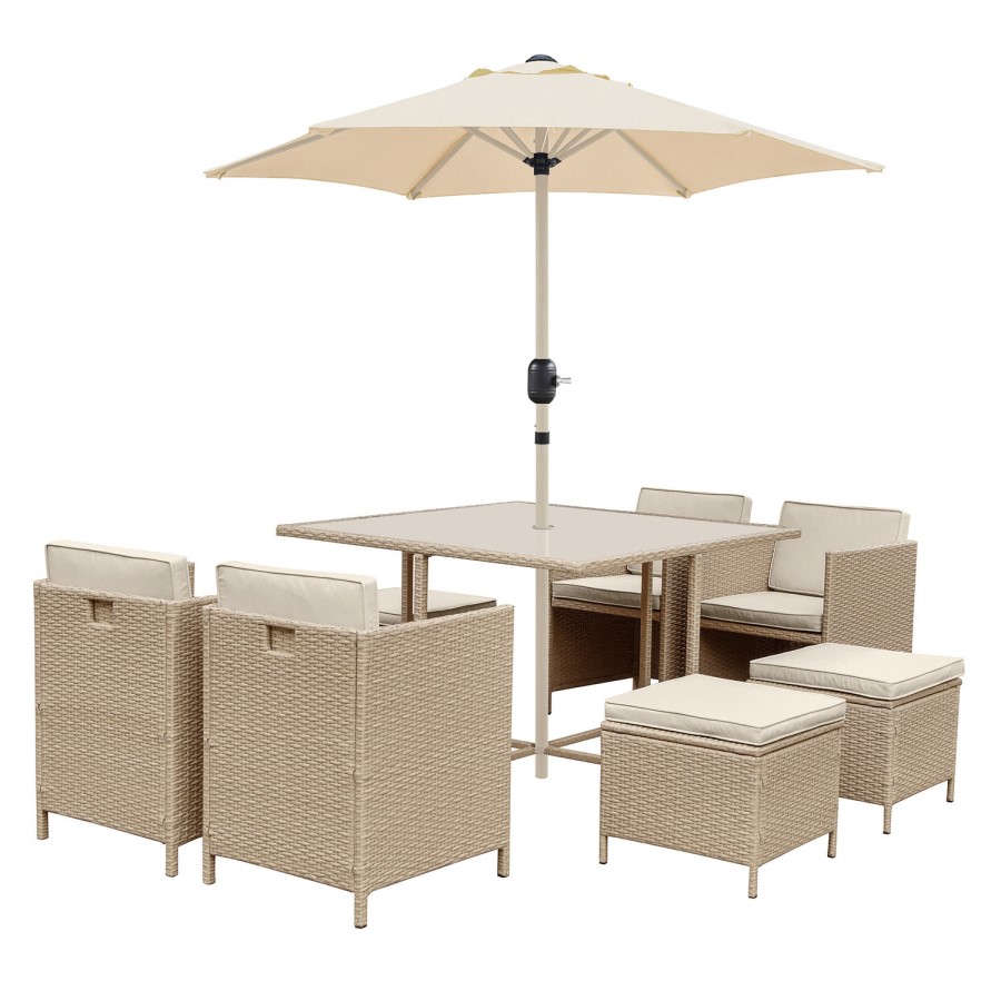 8 Seater Beige Rattan Cube Garden Dining Set with Matching Parasol