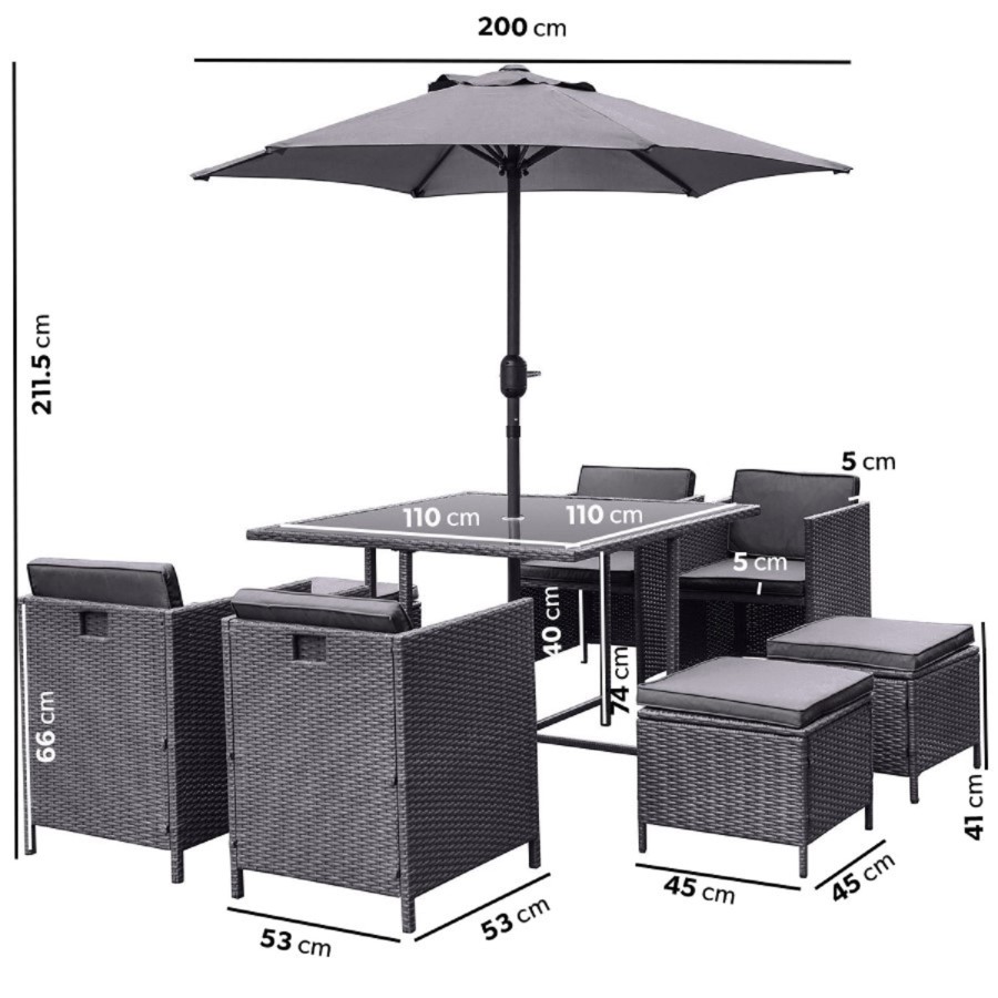8 Seater Grey Rattan Cube Garden Dining Set with Matching Parasol