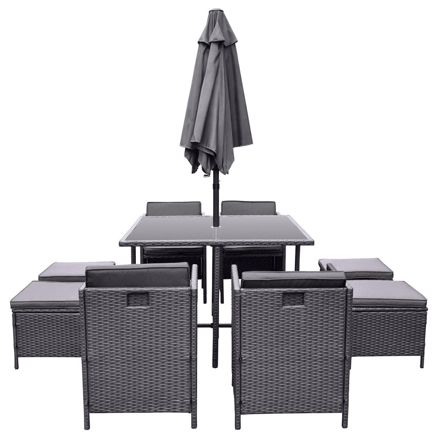 8 Seater Grey Rattan Cube Garden Dining Set with Matching Parasol