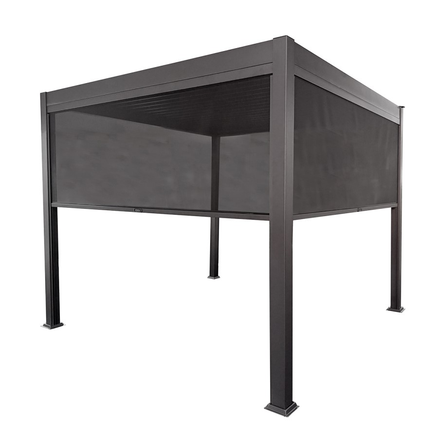 3 x 3m Heavy Duty Aluminium Charcoal Louvred Pergola with Solar LED Lighting & 2 Textilene Side Panels