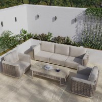 5 Seater Beige Rattan Garden Sofa and Armchair Set with Coffee Table
