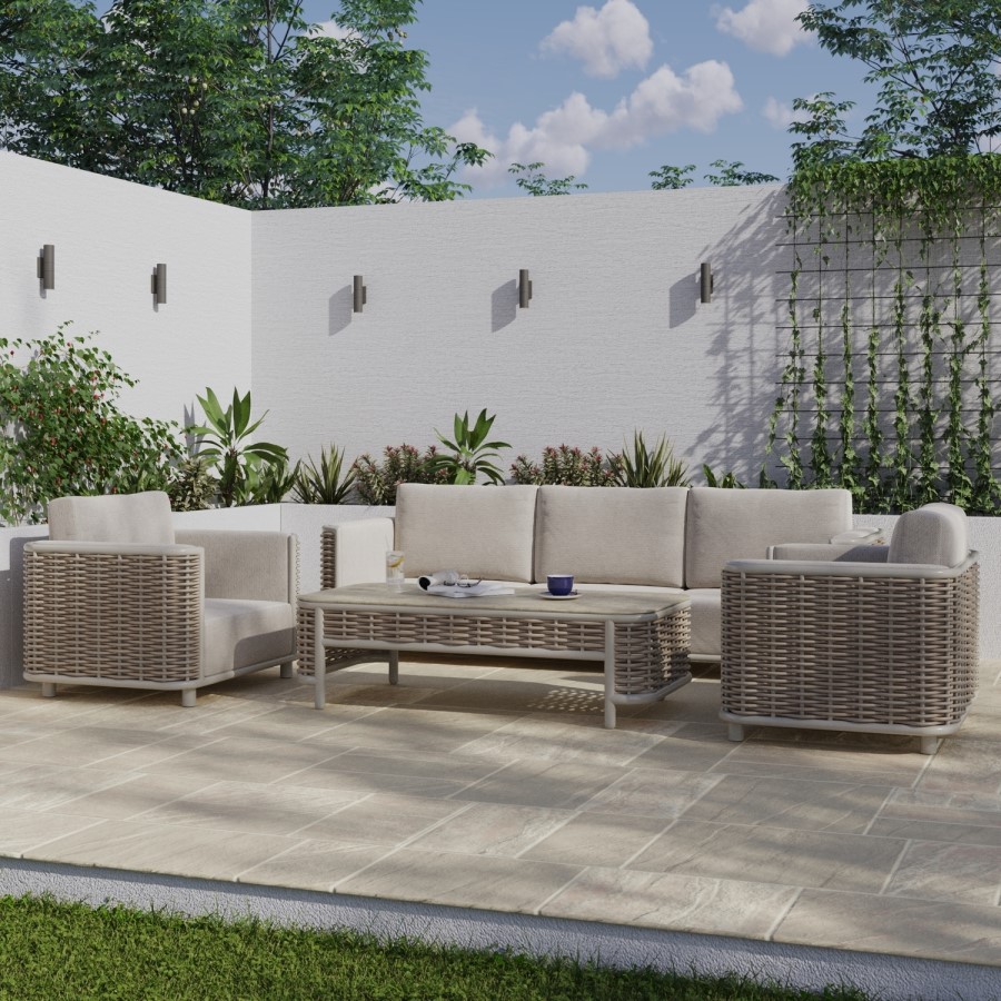 5 Seater Beige Rattan Garden Sofa and Armchair Set with Coffee Table
