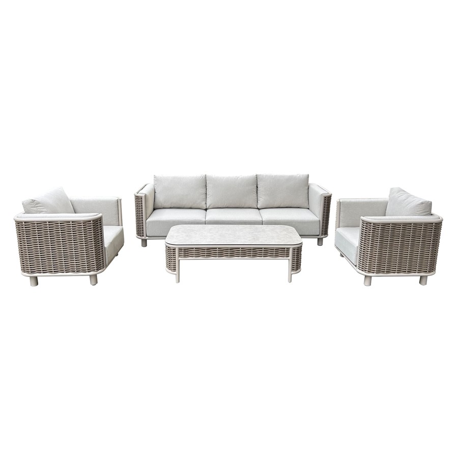 5 Seater Beige Rattan Garden Sofa and Armchair Set with Coffee Table