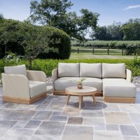 4 Seater Beige Wood Effect Rattan Garden Chaise Sofa Set with Round Coffee Table