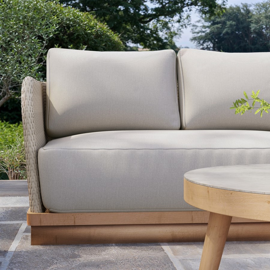 4 Seater Beige Wood Effect Rattan Garden Chaise Sofa Set with Round Coffee Table
