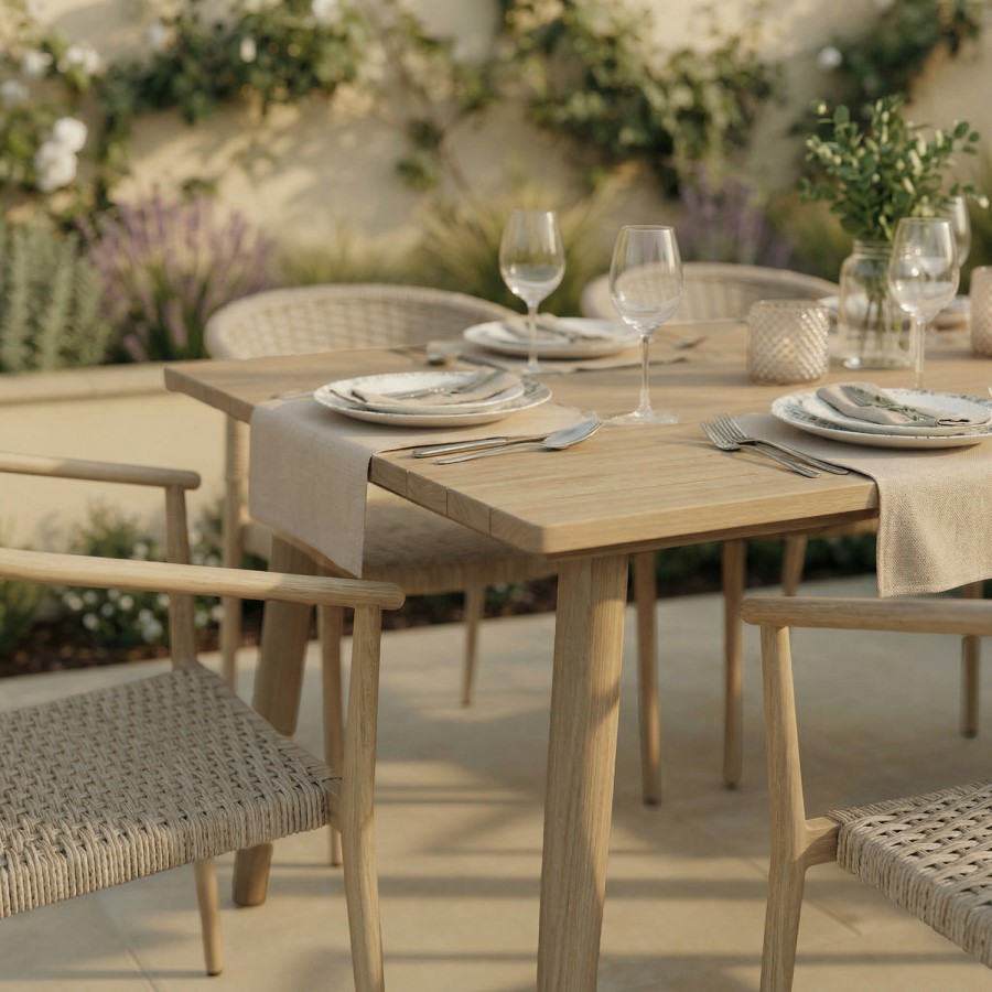 6 Seater Wood Effect Garden Dining Set with Rattan Chairs