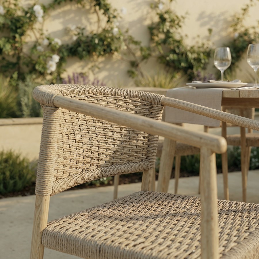 6 Seater Wood Effect Garden Dining Set with Rattan Chairs