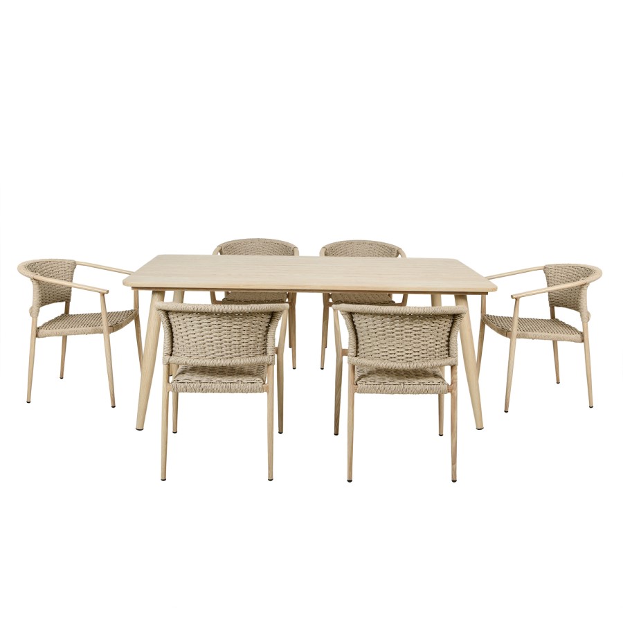 6 Seater Wood Effect Garden Dining Set with Rattan Chairs