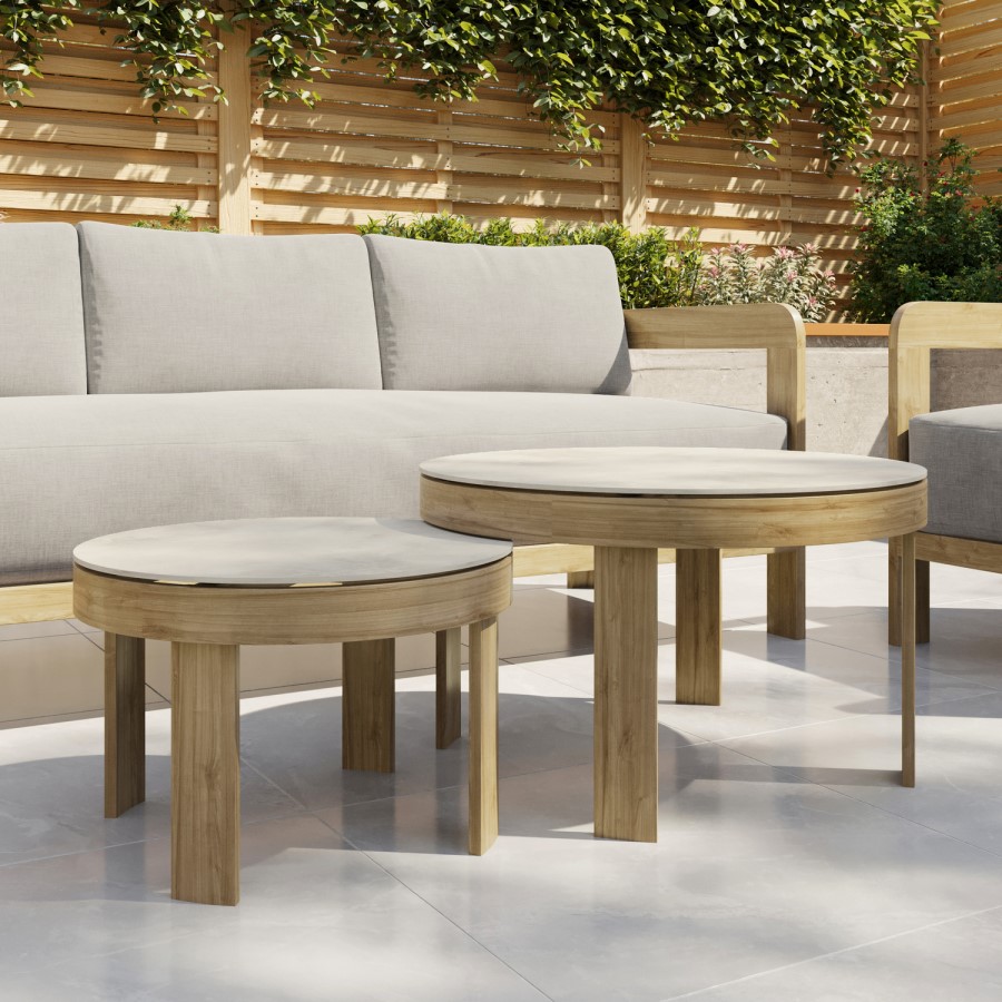 5 Seater Aluminium Wood Effect Beige Garden Sofa Set with Nesting Tables