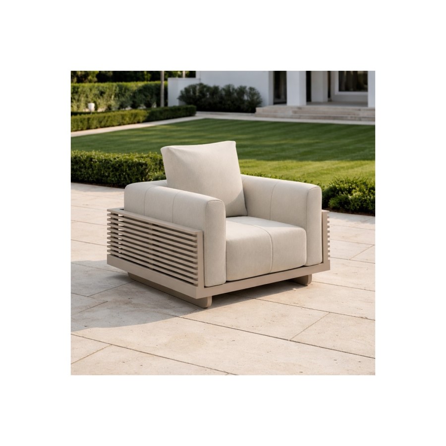 6 Seater Beige Fluted Garden Corner Sofa & Armchair Set with Coffee Table