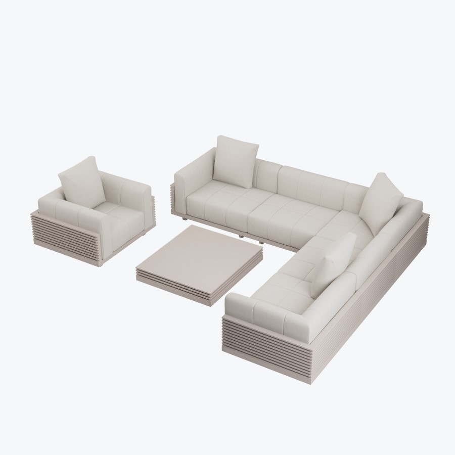 6 Seater Beige Fluted Garden Corner Sofa & Armchair Set with Coffee Table