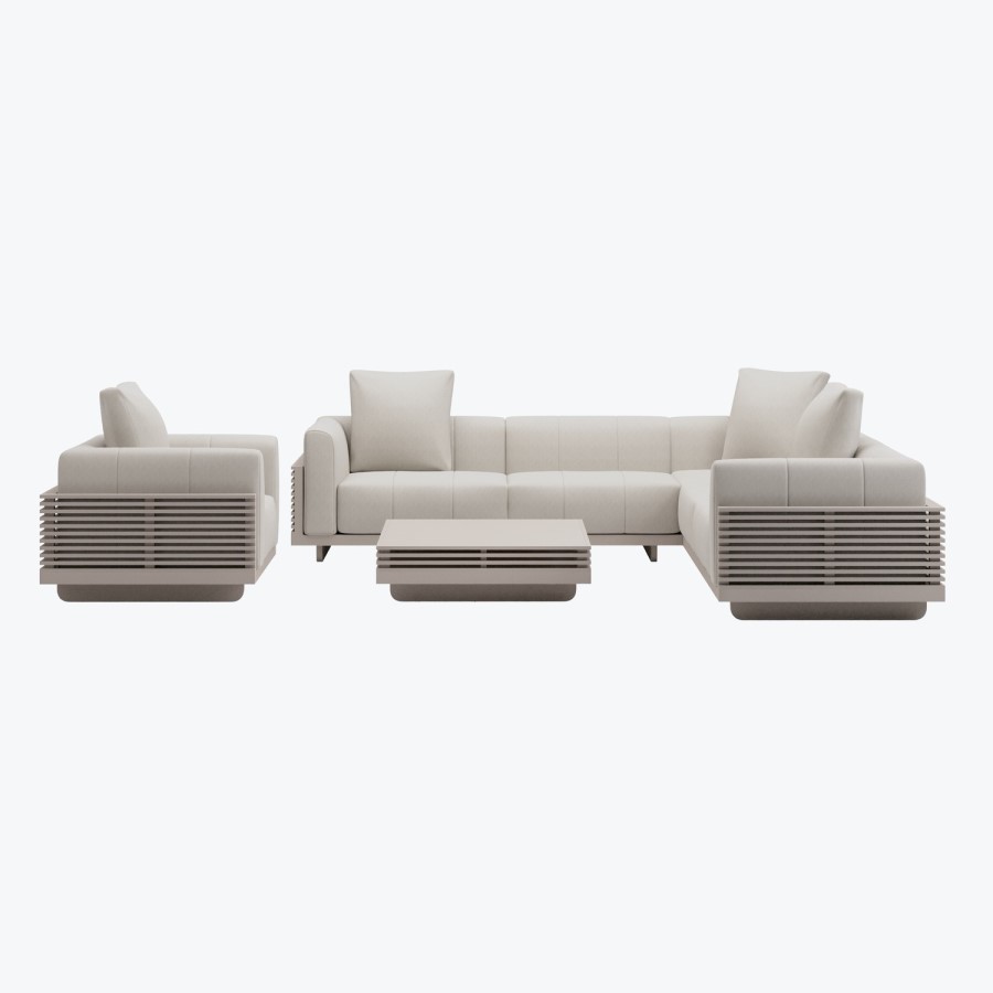 6 Seater Beige Fluted Garden Corner Sofa & Armchair Set with Coffee Table