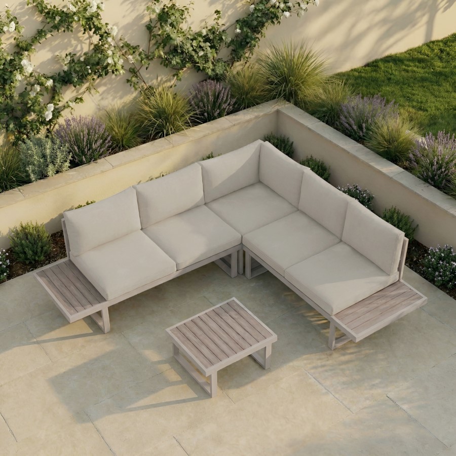 5 Seater Beige Aluminium Garden Corner Sofa Set with Matching Coffee Table