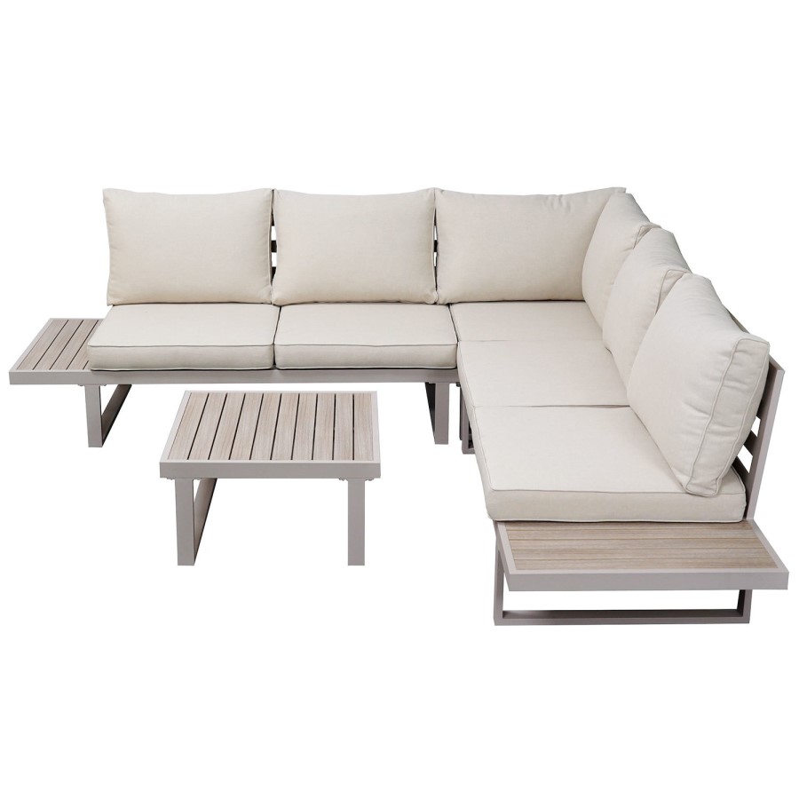 5 Seater Beige Aluminium Garden Corner Sofa Set with Matching Coffee Table