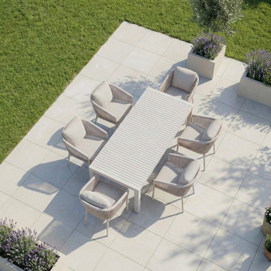 6 Seater Beige Aluminium Extendable Garden Dining Set with Rope Chairs