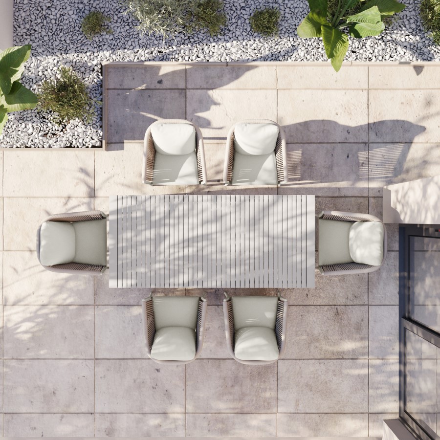 6 Seater Beige Aluminium Extendable Garden Dining Set with Rope Chairs