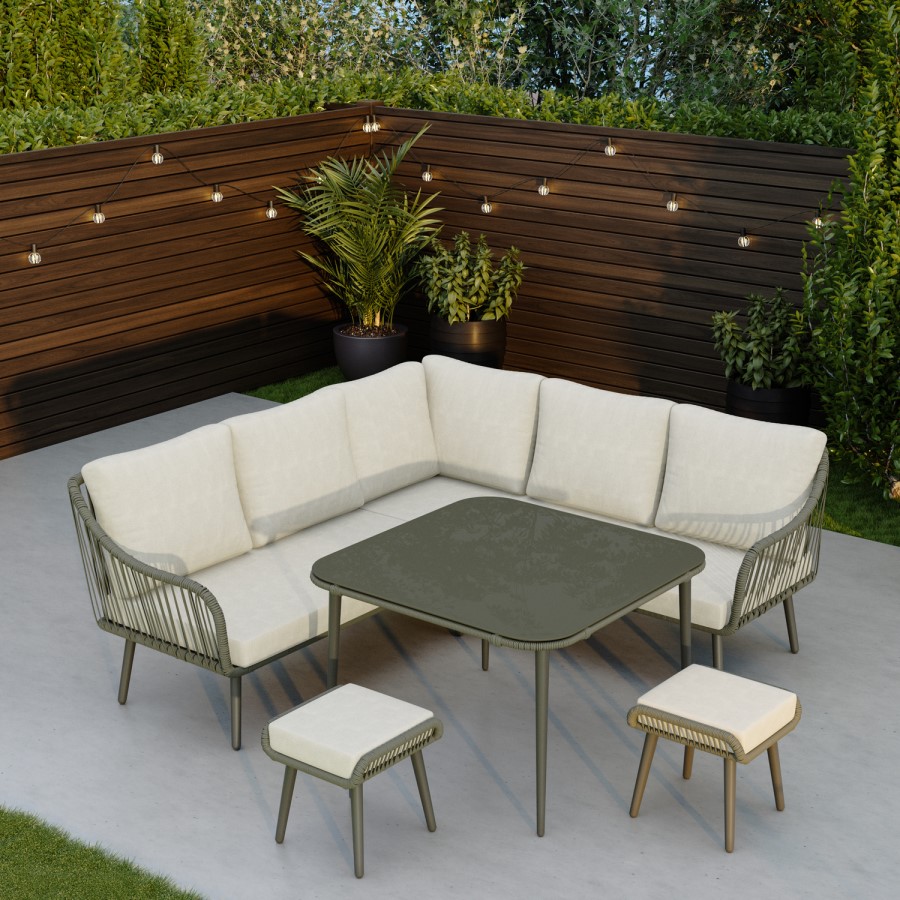 7 Seater Green Rope Effect Garden Corner Sofa & Dining Table Set