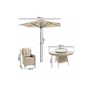 6 Seater Beige Rattan Round Garden Dining Set with Lazy Susan, Built-in Ice Bucket and Matching Parasol