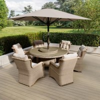 6 Seater Beige Rattan Round Garden Dining Set with Lazy Susan, Built-in Ice Bucket and Matching Parasol