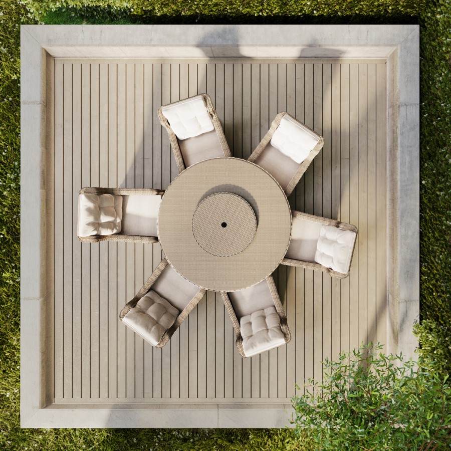 6 Seater Beige Rattan Round Garden Dining Set with Lazy Susan, Built-in Ice Bucket and Matching Parasol