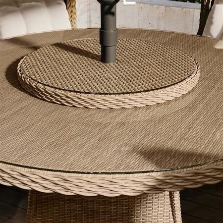 6 Seater Beige Rattan Round Garden Dining Set with Lazy Susan, Built-in Ice Bucket and Matching Parasol