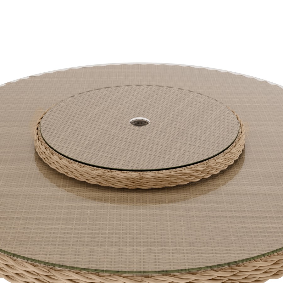 6 Seater Beige Rattan Round Garden Dining Set with Lazy Susan, Built-in Ice Bucket and Matching Parasol