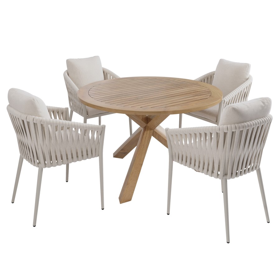 4 Seater Real Teak Round Garden Dining Set with Beige Rope Chairs