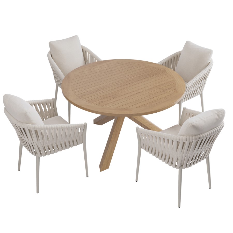 4 Seater Real Teak Round Garden Dining Set with Beige Rope Chairs