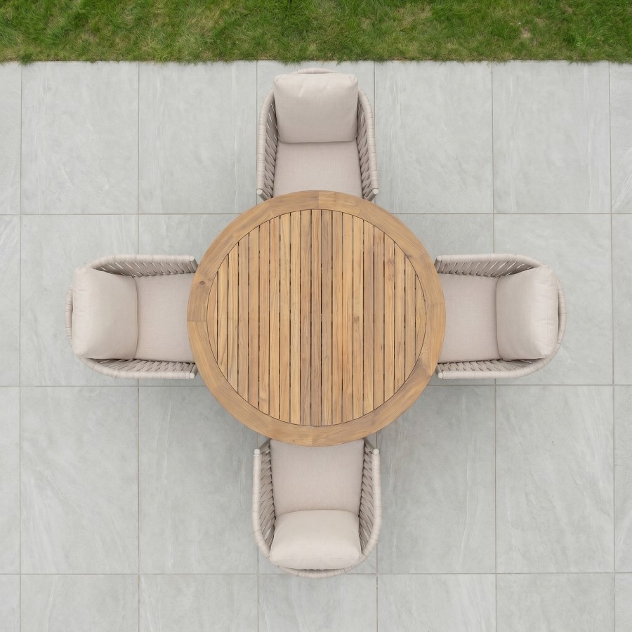 4 Seater Real Teak Round Garden Dining Set with Beige Rope Chairs