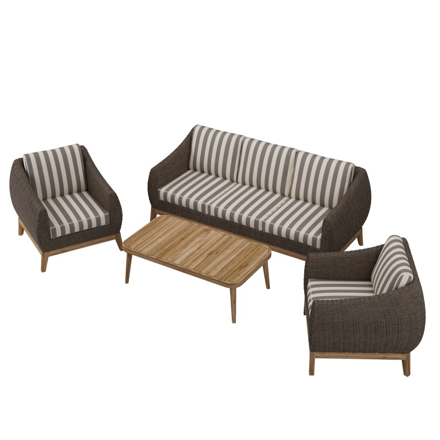 5 Seater Brown Rattan Garden Sofa Set with Striped Cushions & Coffee Table